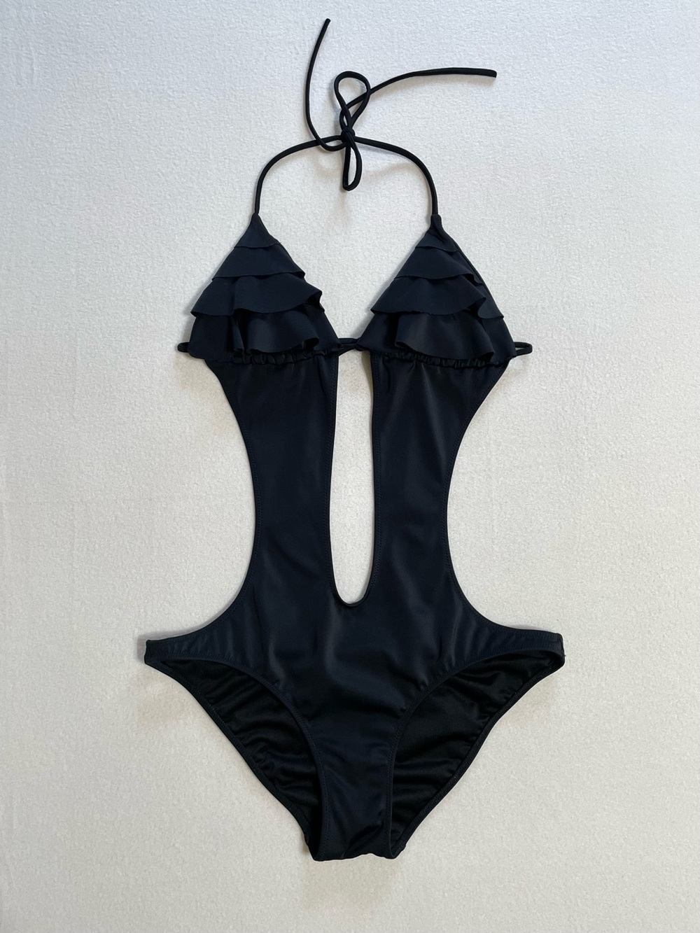 RARE Vintage Victoria's Secret Black Ruffle Plunge Monokini Cutout One Piece